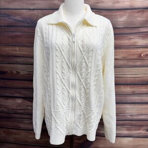 Alfred Dunner‎ Womens XL Cream Cable Knit Full Zip Cardigan Sweater Collar